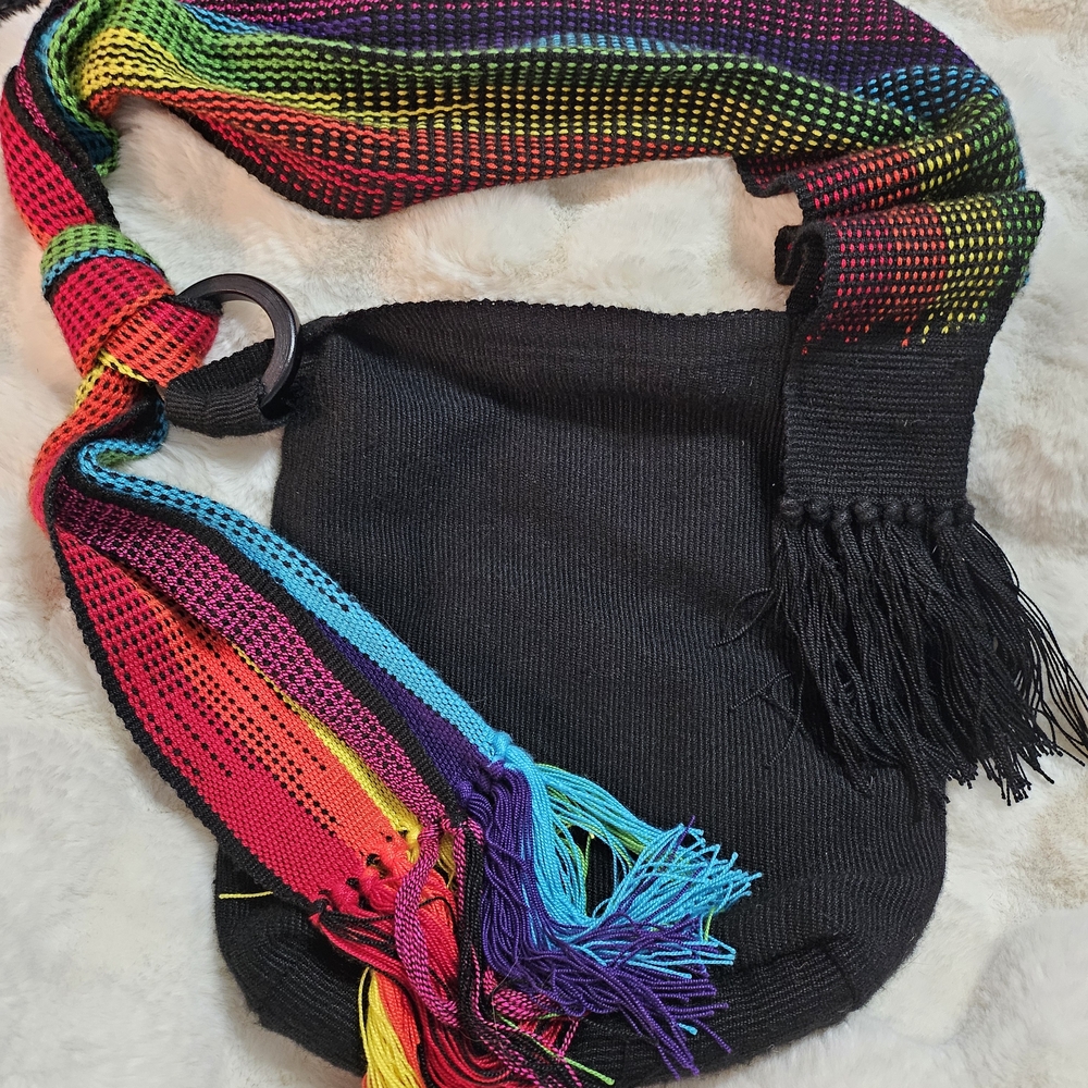 Colombian Handmade Rainbow Strap, Black Bag.
